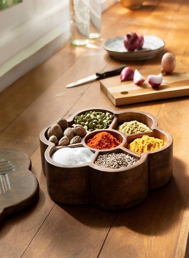 Ellementry Wood Masala Box- Brown | Multipurpose Masala Dabba Box Set |Spice Box Set with 7 Sections/compartments for Kitchen| Decorative Handmade Masala Dabba Organizer|Masala Dani |Spice Container - Image 1